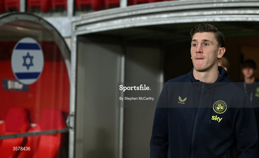 27 September 2026; Jimmy Dunne of Republic of Ireland walks the pitch before the UEFA Nations League B match between Israel and the Republic of Ireland at Nagyerdei Stadion in Debrecen, Hungary. Photo by Stephen McCarthy/Sportsfile