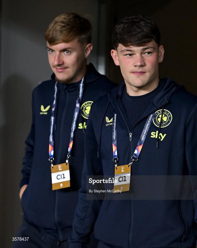 27 September 2026; Joel Bagan, left, and Owen Elding of Republic of Ireland walk the pitch before the UEFA Nations League B match between Israel and the Republic of Ireland at Nagyerdei Stadion in Debrecen, Hungary. Photo by Stephen McCarthy/Sportsfile