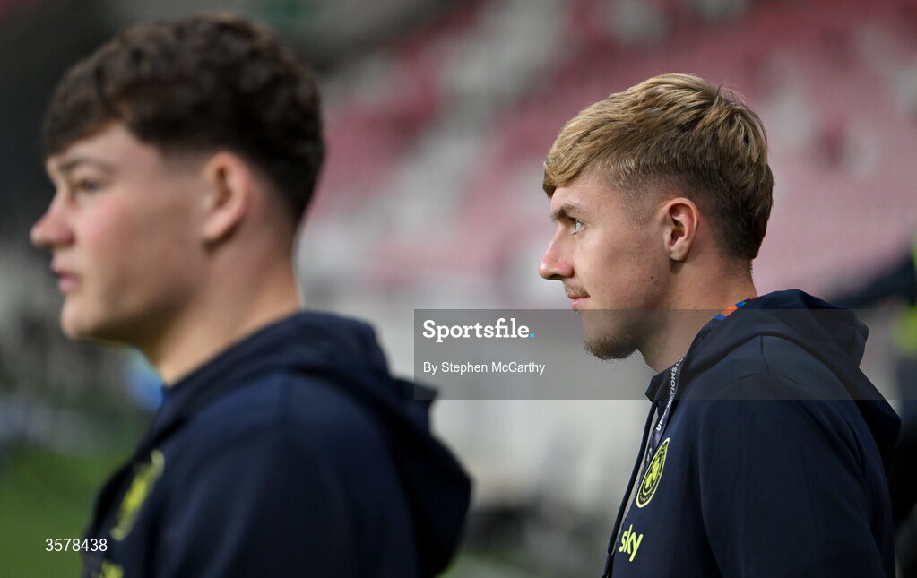 27 September 2026; Joel Bagan, right, and Owen Elding of Republic of Ireland walk the pitch before the UEFA Nations League B match between Israel and the Republic of Ireland at Nagyerdei Stadion in Debrecen, Hungary. Photo by Stephen McCarthy/Sportsfile