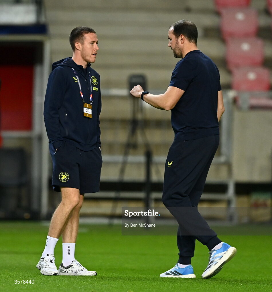 27 September 2026; Jack Moylan of Republic of Ireland, left, and assistant head coach John O'Shea before the UEFA Nations League B match between Israel and the Republic of Ireland at Nagyerdei Stadion in Debrecen, Hungary. Photo by Ben McShane/Sportsfile
