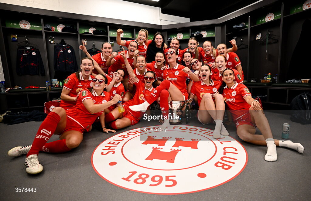 27 September 2026; Shelbourne players celebrate in the dressing room after their side's victory in the 2026 Club Orange Women's FAI Cup final between Athlone Town and Shelbourne at Tallaght Stadium in Dublin. Photo by Seb Daly/Sportsfile