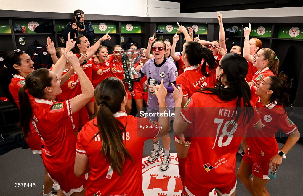 27 September 2026; Shelbourne players celebrate in the dressing room after their side's victory in the 2026 Club Orange Women's FAI Cup final between Athlone Town and Shelbourne at Tallaght Stadium in Dublin. Photo by Seb Daly/Sportsfile