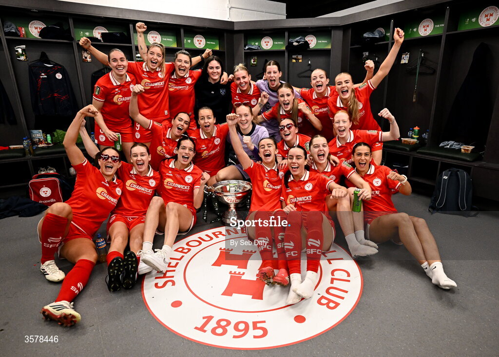 27 September 2026; Shelbourne players celebrate in the dressing room after their side's victory in the 2026 Club Orange Women's FAI Cup final between Athlone Town and Shelbourne at Tallaght Stadium in Dublin. Photo by Seb Daly/Sportsfile