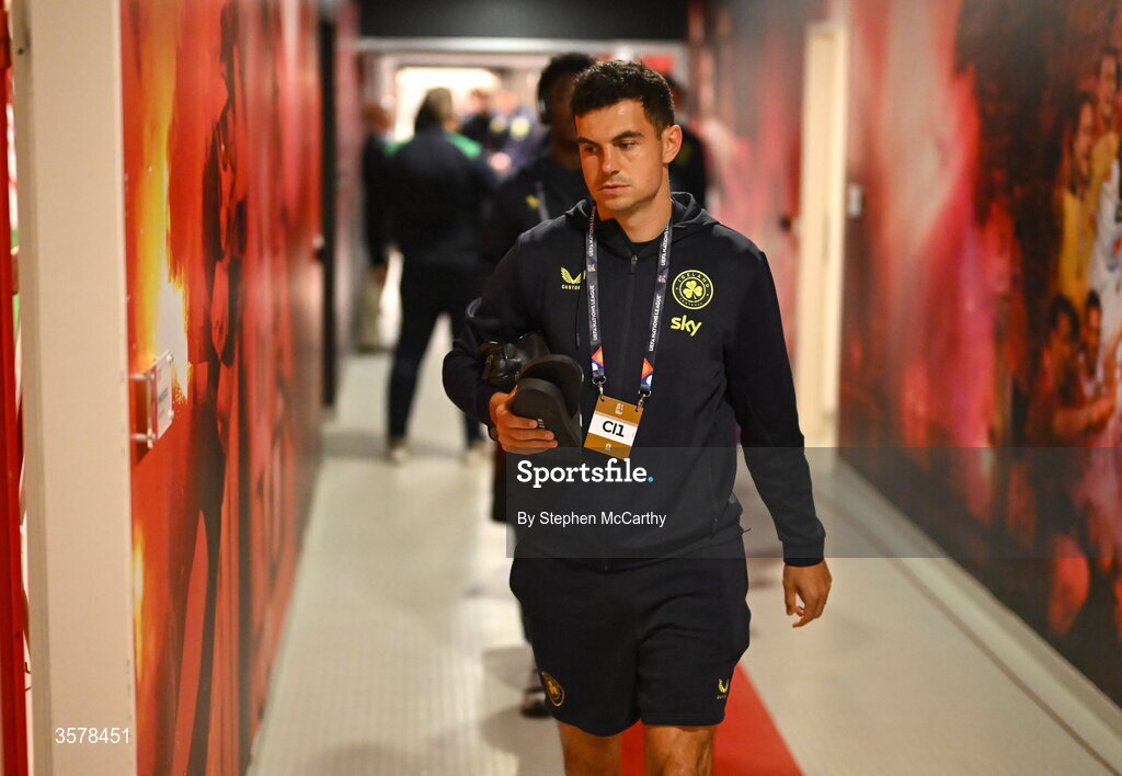 27 September 2026; John Egan of Republic of Ireland arrives before the UEFA Nations League B match between Israel and the Republic of Ireland at Nagyerdei Stadion in Debrecen, Hungary. Photo by Stephen McCarthy/Sportsfile