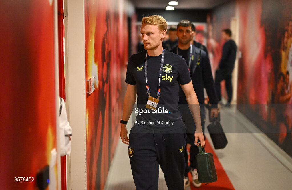 27 September 2026; Liam Scales of Republic of Ireland arrives before the UEFA Nations League B match between Israel and the Republic of Ireland at Nagyerdei Stadion in Debrecen, Hungary. Photo by Stephen McCarthy/Sportsfile