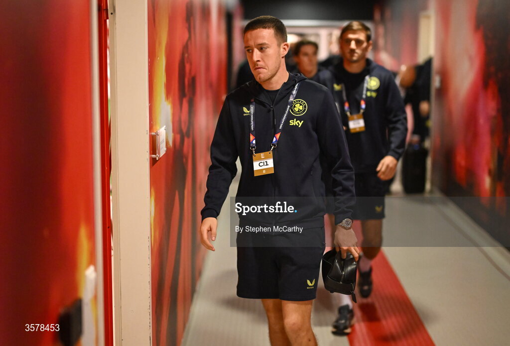 27 September 2026; Jack Moylan of Republic of Ireland arrives before the UEFA Nations League B match between Israel and the Republic of Ireland at Nagyerdei Stadion in Debrecen, Hungary. Photo by Stephen McCarthy/Sportsfile