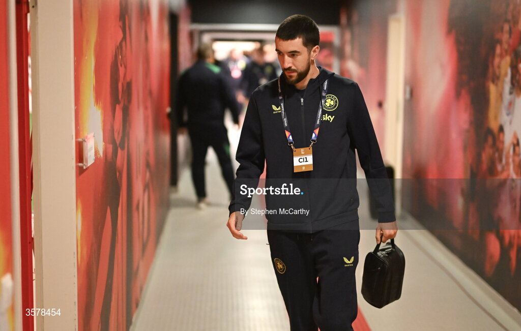 27 September 2026; Finn Azaz of Republic of Ireland arrives before the UEFA Nations League B match between Israel and the Republic of Ireland at Nagyerdei Stadion in Debrecen, Hungary. Photo by Stephen McCarthy/Sportsfile