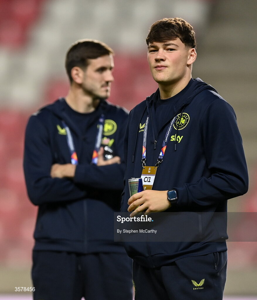 27 September 2026; Owen Elding, right, and Liam Kitching of Republic of Ireland walk the pitch before the UEFA Nations League B match between Israel and the Republic of Ireland at Nagyerdei Stadion in Debrecen, Hungary. Photo by Stephen McCarthy/Sportsfile