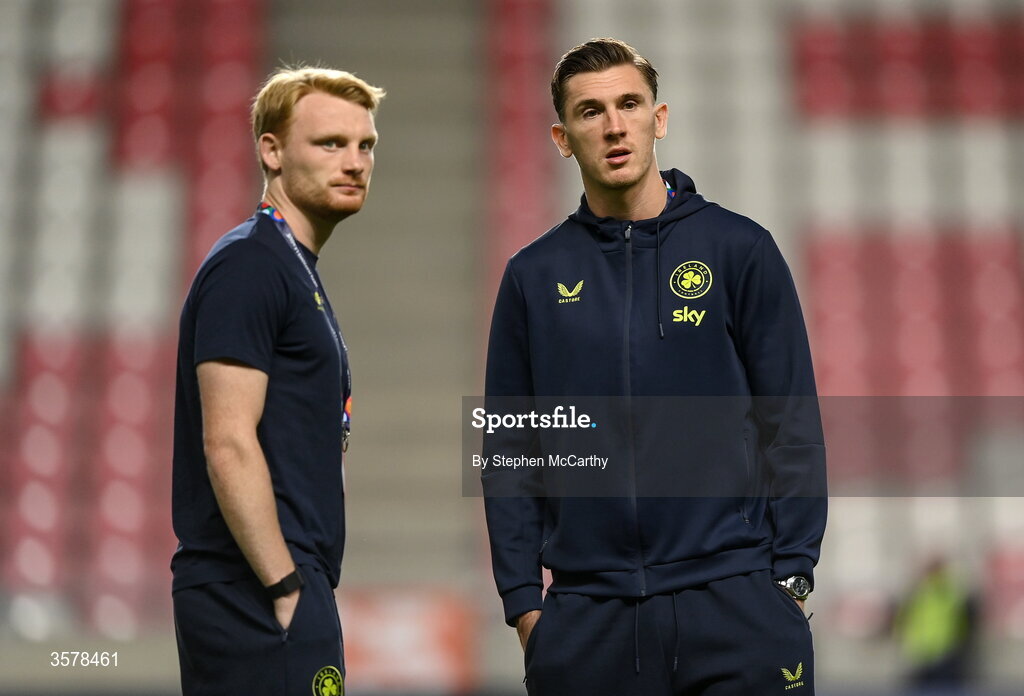 27 September 2026; Jimmy Dunne, right, and Liam Scales of Republic of Ireland walks the pitch before the UEFA Nations League B match between Israel and the Republic of Ireland at Nagyerdei Stadion in Debrecen, Hungary. Photo by Stephen McCarthy/Sportsfile