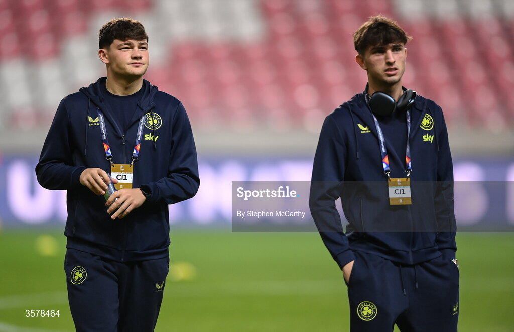 27 September 2026; Liam Kitching, left, and Rocco Vata of Republic of Ireland walk the pitch before the UEFA Nations League B match between Israel and the Republic of Ireland at Nagyerdei Stadion in Debrecen, Hungary. Photo by Stephen McCarthy/Sportsfile