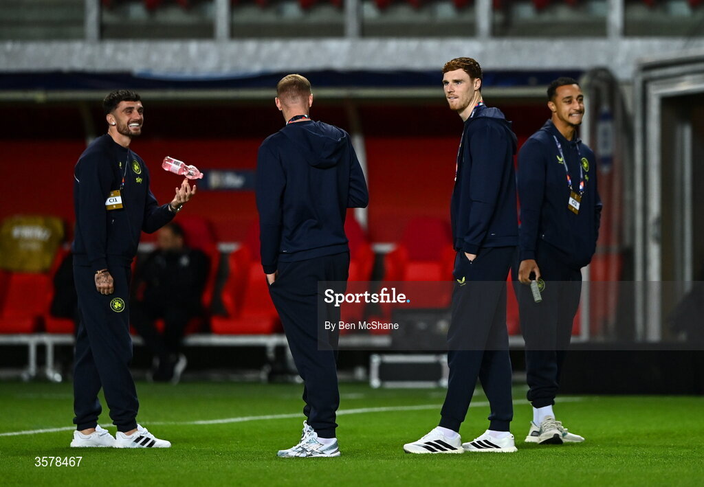 27 September 2026; Republic of Ireland, from left, Troy Parrott, Killian Phillips, Jake O'Brien and Adam Idah walk the pitch before the UEFA Nations League B match between Israel and the Republic of Ireland at Nagyerdei Stadion in Debrecen, Hungary. Photo by Ben McShane/Sportsfile