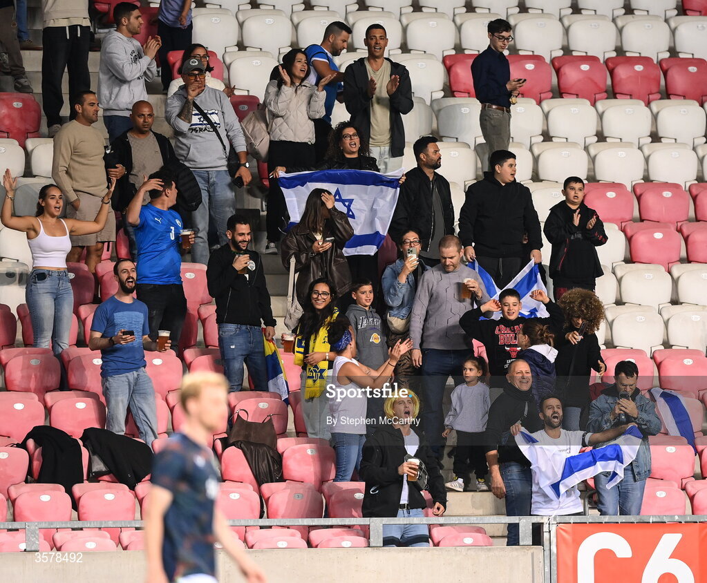 27 September 2026; Israeli supporters gesture towards the Republic of Ireland team during the warm ups before the UEFA Nations League B match between Israel and the Republic of Ireland at Nagyerdei Stadion in Debrecen, Hungary. Photo by Stephen McCarthy/Sportsfile