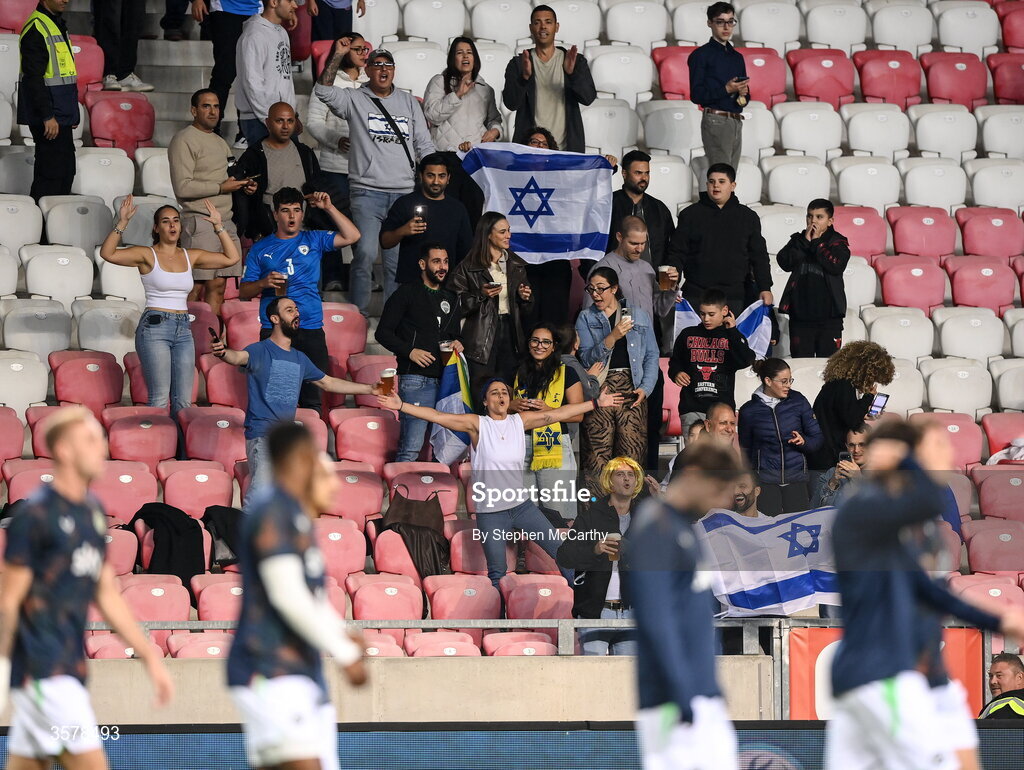 27 September 2026; Israeli supporters gesture towards the Republic of Ireland team during the warm ups before the UEFA Nations League B match between Israel and the Republic of Ireland at Nagyerdei Stadion in Debrecen, Hungary. Photo by Stephen McCarthy/Sportsfile