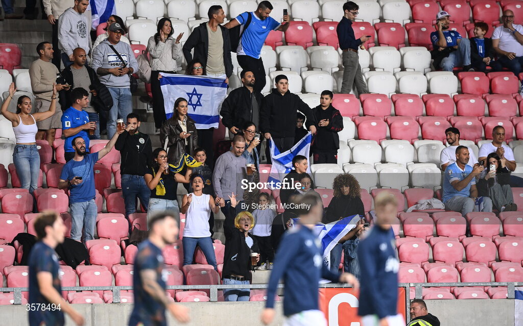 27 September 2026; Israeli supporters gesture towards the Republic of Ireland team during the warm ups before the UEFA Nations League B match between Israel and the Republic of Ireland at Nagyerdei Stadion in Debrecen, Hungary. Photo by Stephen McCarthy/Sportsfile