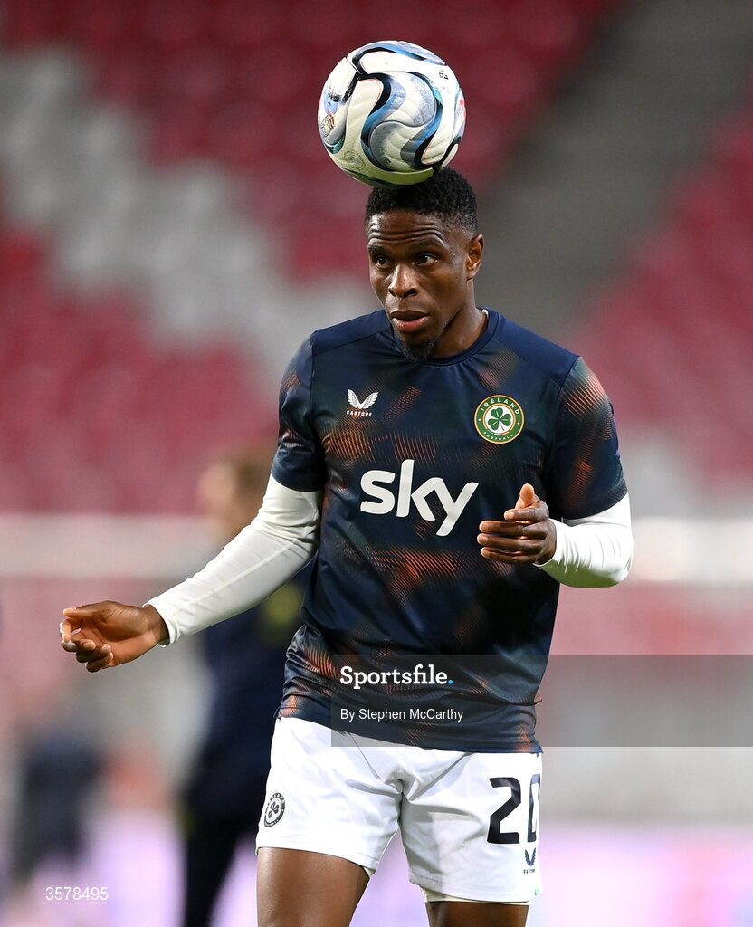 27 September 2026; Chiedozie Ogbene of Republic of Ireland warms up before the UEFA Nations League B match between Israel and the Republic of Ireland at Nagyerdei Stadion in Debrecen, Hungary. Photo by Stephen McCarthy/Sportsfile