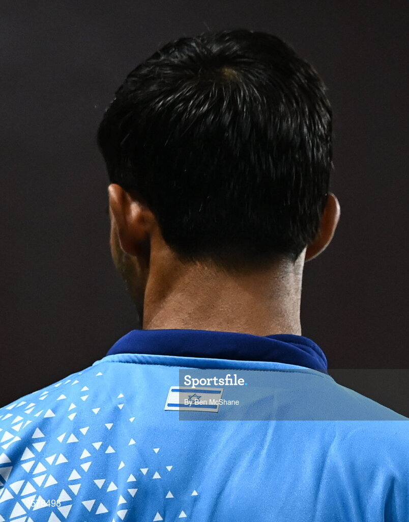 27 September 2026; The Israel flag is seen on the bottom of the warm up top of Yarin Levi before the UEFA Nations League B match between Israel and the Republic of Ireland at Nagyerdei Stadion in Debrecen, Hungary. Photo by Ben McShane/Sportsfile