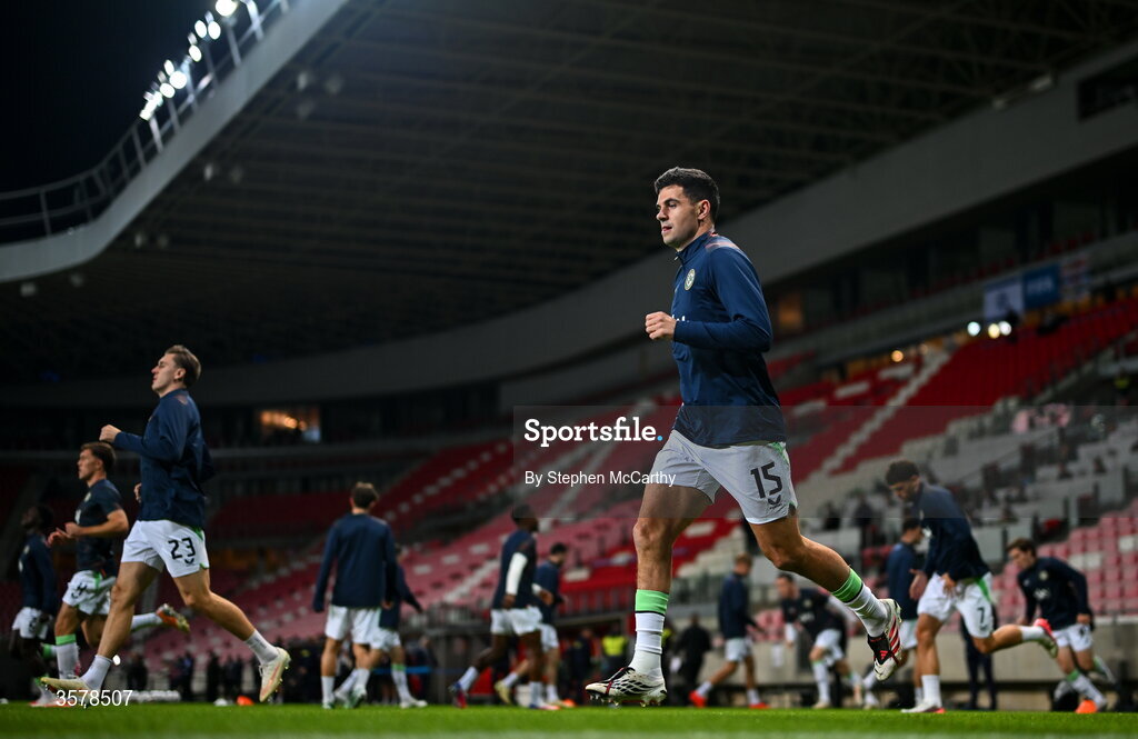 27 September 2026; John Egan of Republic of Ireland warms up before the UEFA Nations League B match between Israel and the Republic of Ireland at Nagyerdei Stadion in Debrecen, Hungary. Photo by Stephen McCarthy/Sportsfile