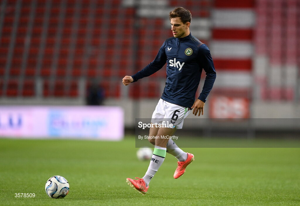 27 September 2026; Jayson Molumby of Republic of Ireland warms up before the UEFA Nations League B match between Israel and the Republic of Ireland at Nagyerdei Stadion in Debrecen, Hungary. Photo by Stephen McCarthy/Sportsfile