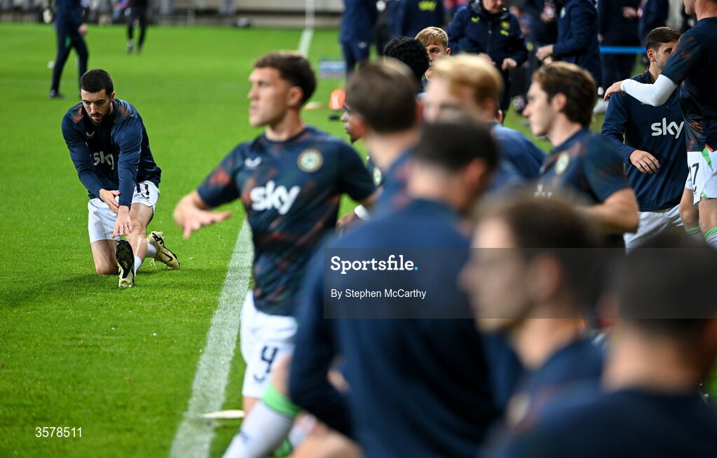 27 September 2026; Finn Azaz of Republic of Ireland, left, warms up before the UEFA Nations League B match between Israel and the Republic of Ireland at Nagyerdei Stadion in Debrecen, Hungary. Photo by Stephen McCarthy/Sportsfile