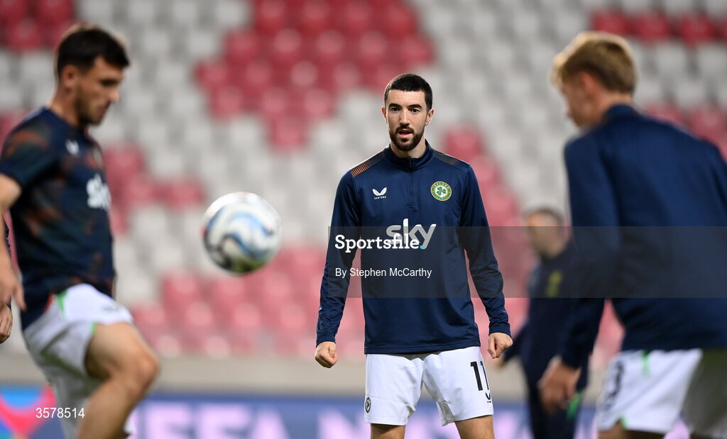 27 September 2026; Finn Azaz of Republic of Ireland warms up before the UEFA Nations League B match between Israel and the Republic of Ireland at Nagyerdei Stadion in Debrecen, Hungary. Photo by Stephen McCarthy/Sportsfile