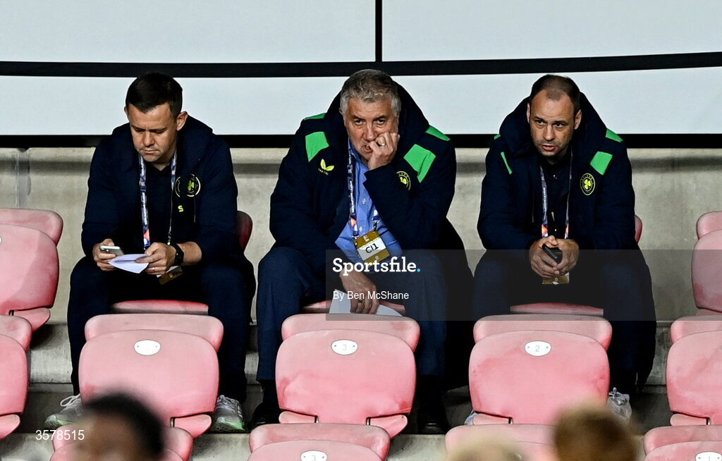 27 September 2026; FAI officials, from left, technical director Shane Robinson, President Paul Cooke and director of football John Martin in attendance during the UEFA Nations League B match between Israel and the Republic of Ireland at Nagyerdei Stadion in Debrecen, Hungary. Photo by Ben McShane/Sportsfile