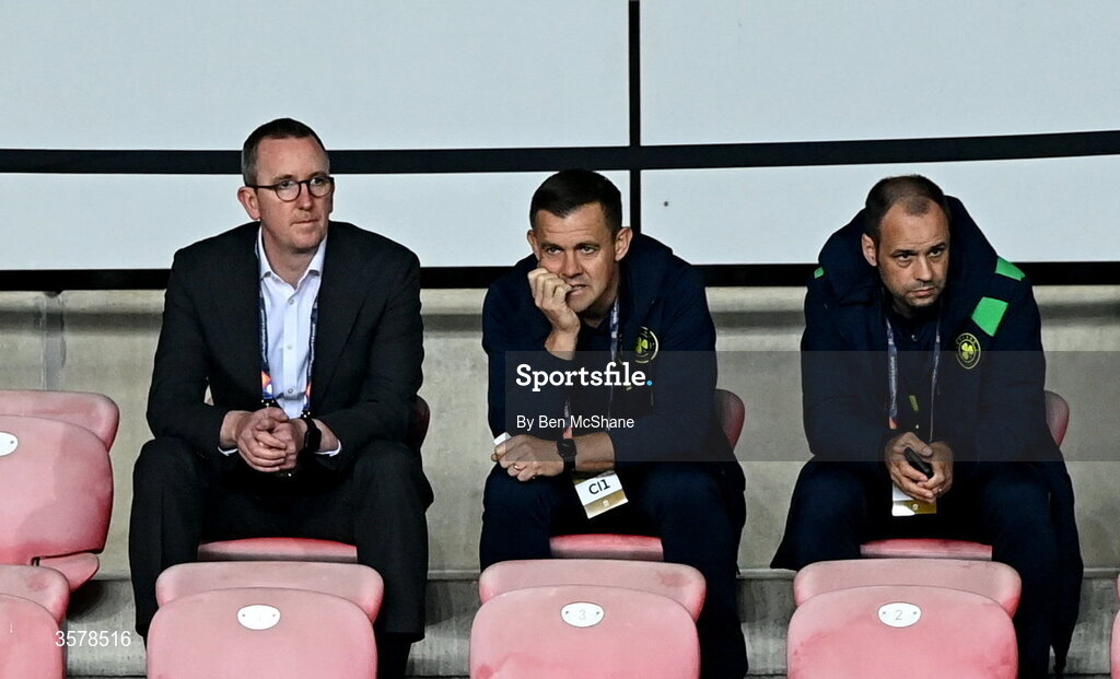 27 September 2026; FAI officials, from left, chief executive officer David Courell, technical director Shane Robinson and director of football John Martin in attendance during the UEFA Nations League B match between Israel and the Republic of Ireland at Nagyerdei Stadion in Debrecen, Hungary. Photo by Ben McShane/Sportsfile