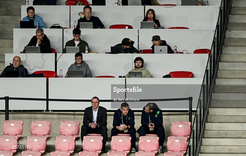27 September 2026; FAI officials, from left, chief executive officer David Courell, technical director Shane Robinson and director of football John Martin in attendance during the UEFA Nations League B match between Israel and the Republic of Ireland at Nagyerdei Stadion in Debrecen, Hungary. Photo by Ben McShane/Sportsfile