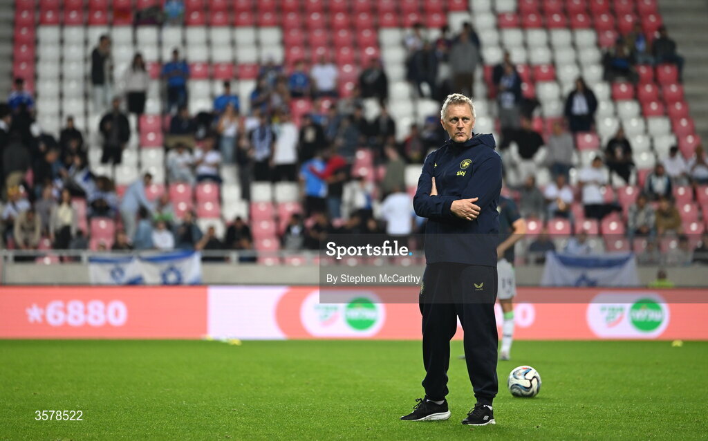 27 September 2026; Republic of Ireland head coach Heimir Hallgrimsson, in front of Israeli supporters, before the UEFA Nations League B match between Israel and the Republic of Ireland at Nagyerdei Stadion in Debrecen, Hungary. Photo by Stephen McCarthy/Sportsfile