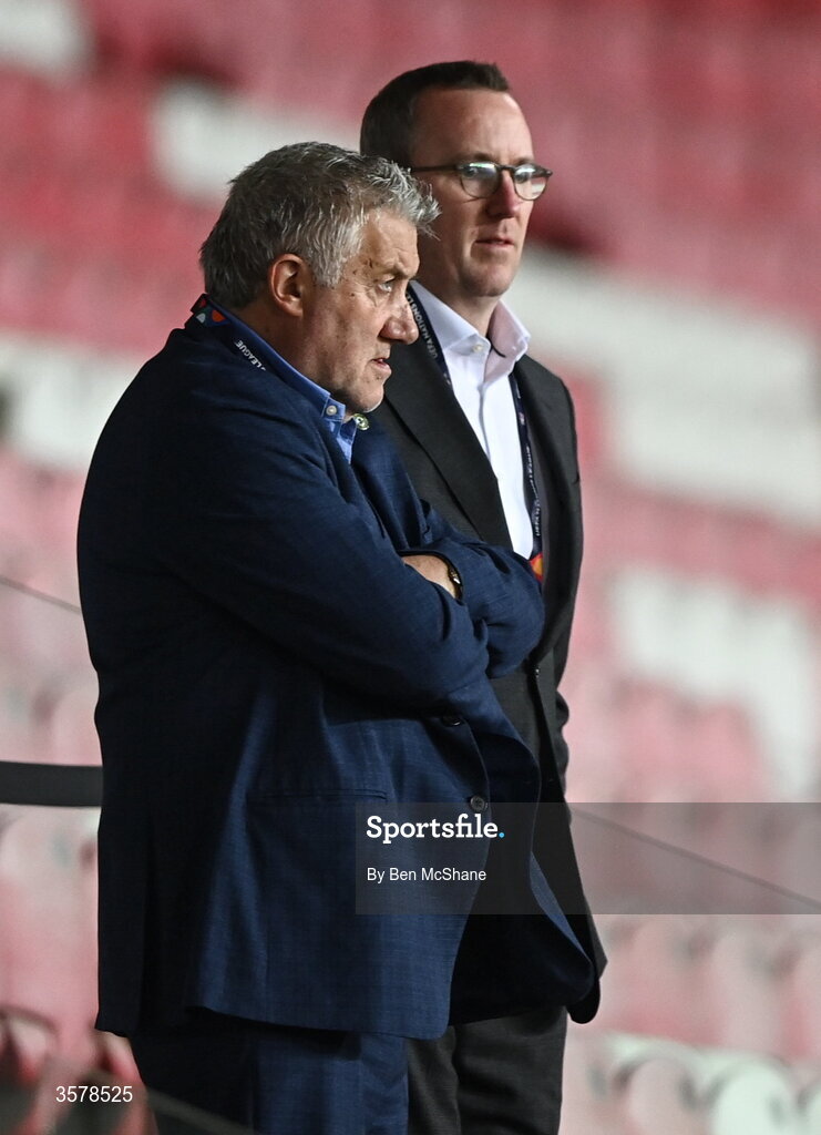 27 September 2026; FAI President Paul Cooke, left, and FAI chief executive officer David Courell in attendance during the UEFA Nations League B match between Israel and the Republic of Ireland at Nagyerdei Stadion in Debrecen, Hungary. Photo by Ben McShane/Sportsfile