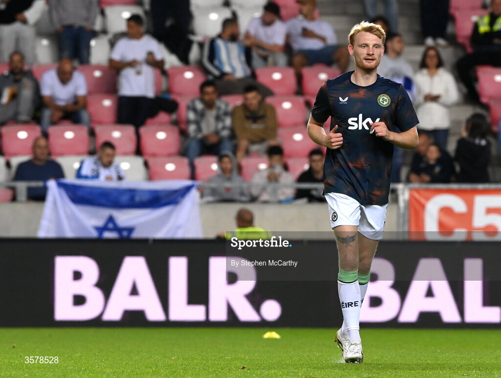 27 September 2026; Liam Scales of Republic of Ireland of Republic of Ireland warms up in front of Israeli supporters before the UEFA Nations League B match between Israel and the Republic of Ireland at Nagyerdei Stadion in Debrecen, Hungary. Photo by Stephen McCarthy/Sportsfile