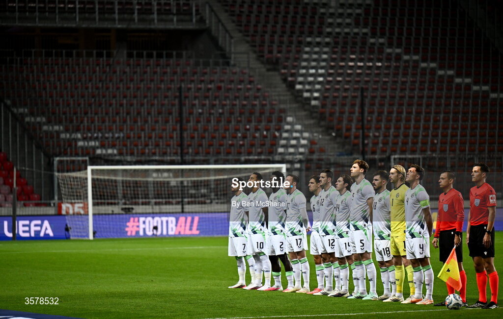 27 September 2026; The Republic of Ireland team stand for Amhrán na bhFiann before the UEFA Nations League B match between Israel and the Republic of Ireland at Nagyerdei Stadion in Debrecen, Hungary. Photo by Ben McShane/Sportsfile