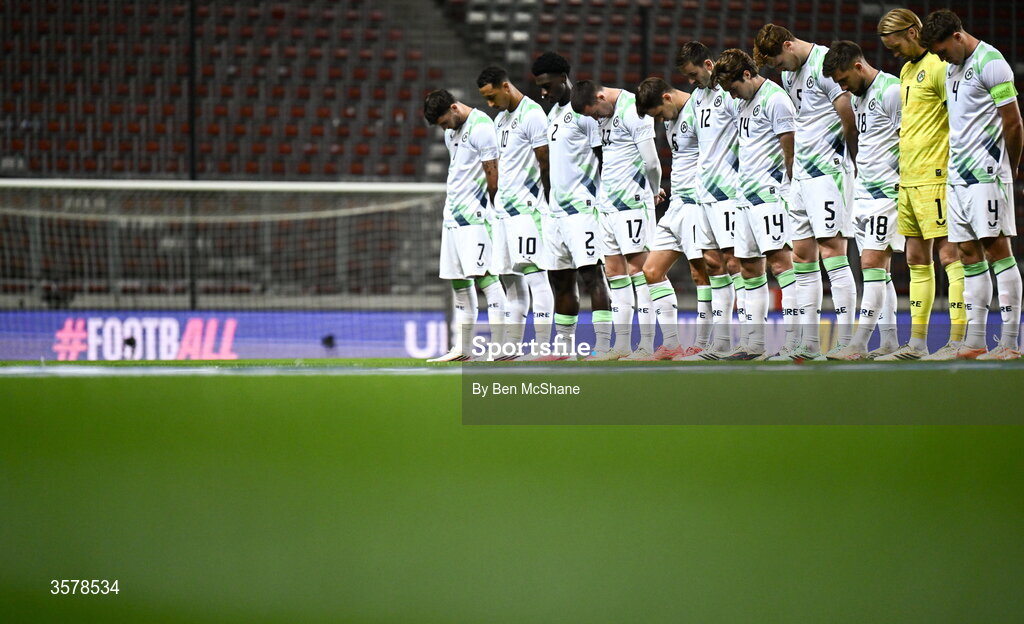 27 September 2026; The Republic of Ireland team bow their heads during the Israeli national anthem before the UEFA Nations League B match between Israel and the Republic of Ireland at Nagyerdei Stadion in Debrecen, Hungary. Photo by Ben McShane/Sportsfile