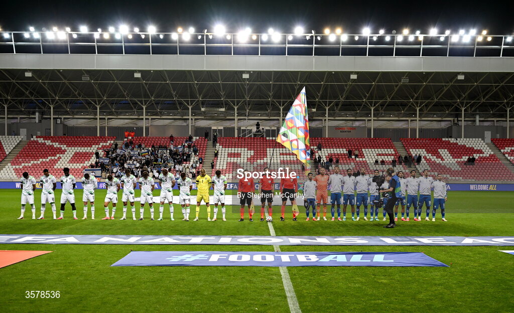 27 September 2026; The Republic of Ireland team bow their heads during the Israeli national anthem before the UEFA Nations League B match between Israel and the Republic of Ireland at Nagyerdei Stadion in Debrecen, Hungary. Photo by Stephen McCarthy/Sportsfile