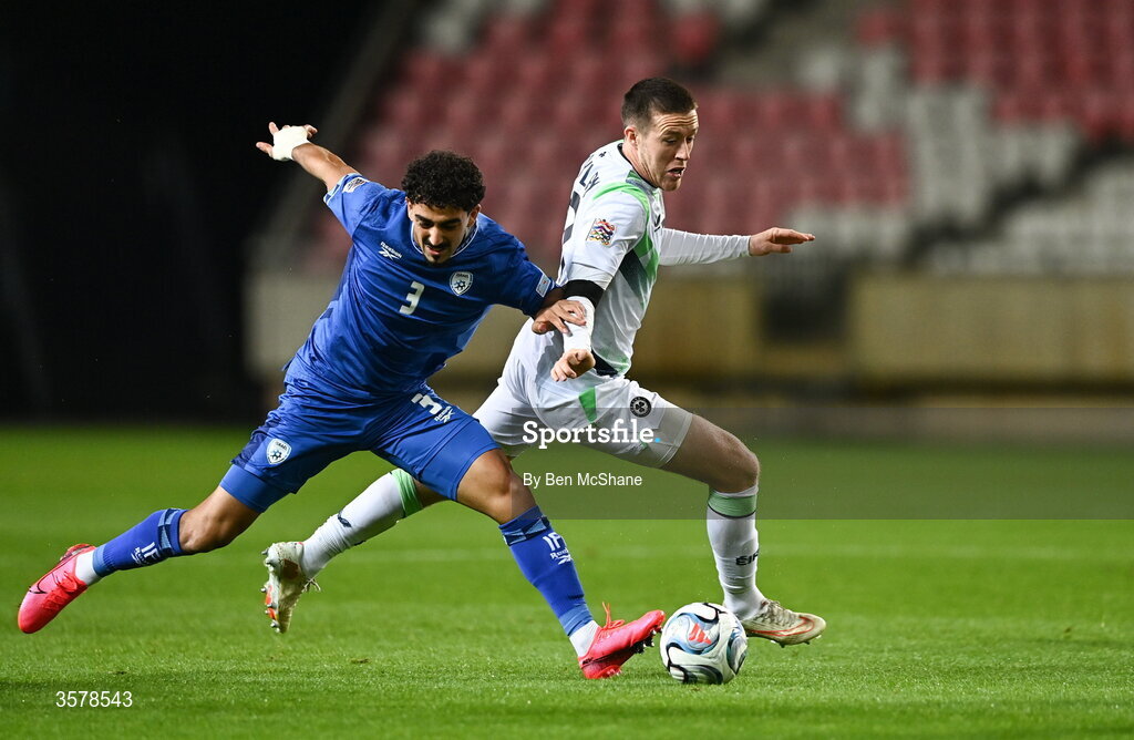 27 September 2026; Jack Moylan of Republic of Ireland in action against Roy Revivo of Israel the UEFA Nations League B match between Israel and the Republic of Ireland at Nagyerdei Stadion in Debrecen, Hungary. Photo by Ben McShane/Sportsfile