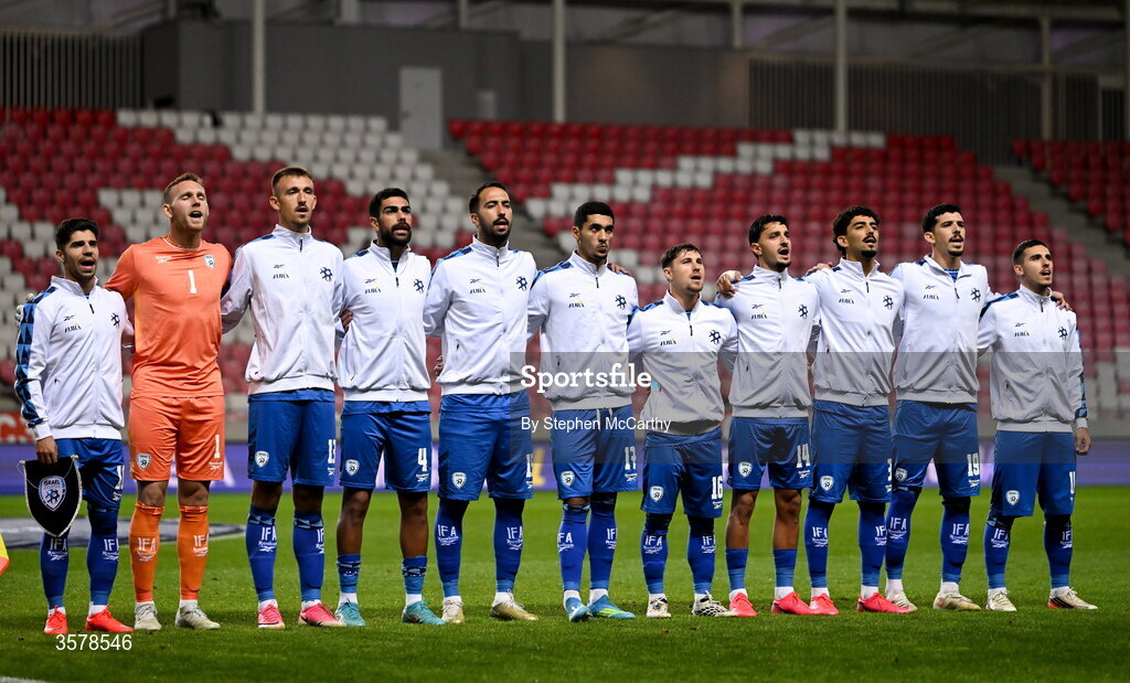 27 September 2026; The Israel team stand for their national anthem before the UEFA Nations League B match between Israel and the Republic of Ireland at Nagyerdei Stadion in Debrecen, Hungary. Photo by Stephen McCarthy/Sportsfile