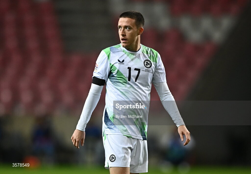 27 September 2026; Jack Moylan of Republic of Ireland wears a black armband in recognition for all the lives lost in the conflict in Gaza the UEFA Nations League B match between Israel and the Republic of Ireland at Nagyerdei Stadion in Debrecen, Hungary. Photo by Ben McShane/Sportsfile