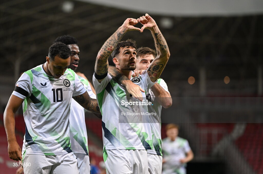 27 September 2026; Troy Parrott of Republic of Ireland celebrates after scoring his side's first goal during the UEFA Nations League B match between Israel and the Republic of Ireland at Nagyerdei Stadion in Debrecen, Hungary. Photo by Stephen McCarthy/Sportsfile