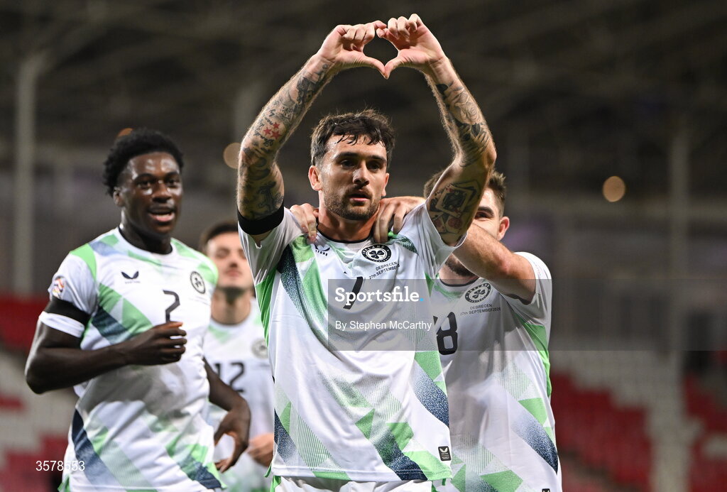 27 September 2026; Troy Parrott of Republic of Ireland celebrates after scoring his side's first goal during the UEFA Nations League B match between Israel and the Republic of Ireland at Nagyerdei Stadion in Debrecen, Hungary. Photo by Stephen McCarthy/Sportsfile
