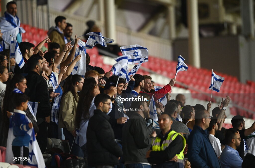 27 September 2026; Israel supporters during the UEFA Nations League B match between Israel and the Republic of Ireland at Nagyerdei Stadion in Debrecen, Hungary. Photo by Ben McShane/Sportsfile