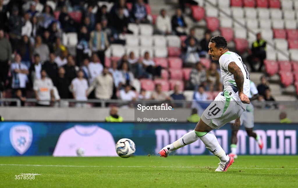 27 September 2026; Adam Idah of Republic of Ireland scores his side's second goal during the UEFA Nations League B match between Israel and the Republic of Ireland at Nagyerdei Stadion in Debrecen, Hungary. Photo by Stephen McCarthy/Sportsfile