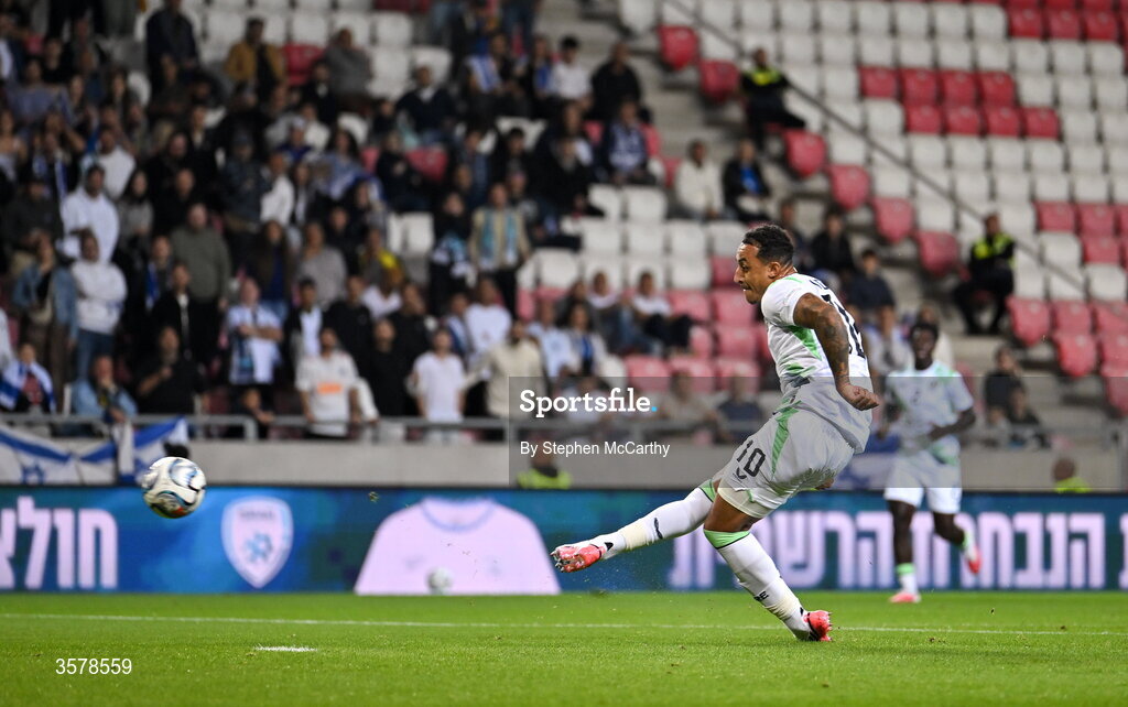 27 September 2026; Adam Idah of Republic of Ireland scores his side's second goal during the UEFA Nations League B match between Israel and the Republic of Ireland at Nagyerdei Stadion in Debrecen, Hungary. Photo by Stephen McCarthy/Sportsfile