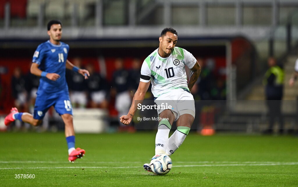 27 September 2026; Adam Idah of Republic of Ireland scores his side's second goal during the UEFA Nations League B match between Israel and the Republic of Ireland at Nagyerdei Stadion in Debrecen, Hungary. Photo by Ben McShane/Sportsfile