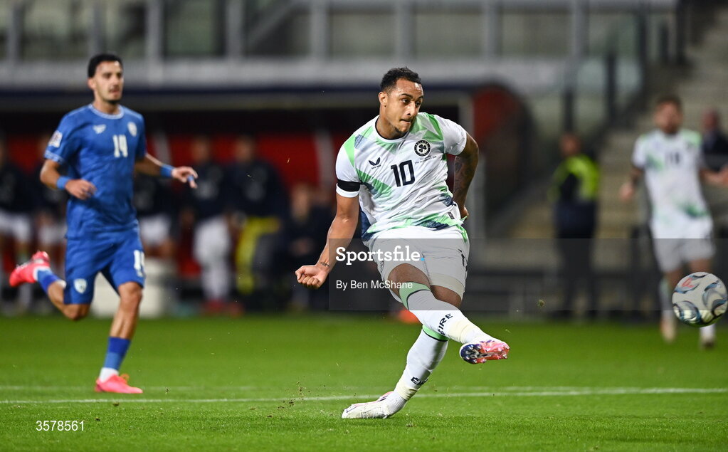 27 September 2026; Adam Idah of Republic of Ireland scores his side's second goal during the UEFA Nations League B match between Israel and the Republic of Ireland at Nagyerdei Stadion in Debrecen, Hungary. Photo by Ben McShane/Sportsfile