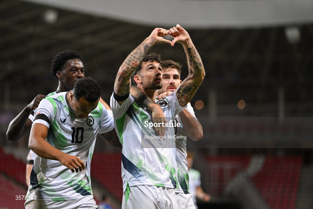 27 September 2026; Troy Parrott of Republic of Ireland celebrates after scoring his side's first goal during the UEFA Nations League B match between Israel and the Republic of Ireland at Nagyerdei Stadion in Debrecen, Hungary. Photo by Stephen McCarthy/Sportsfile