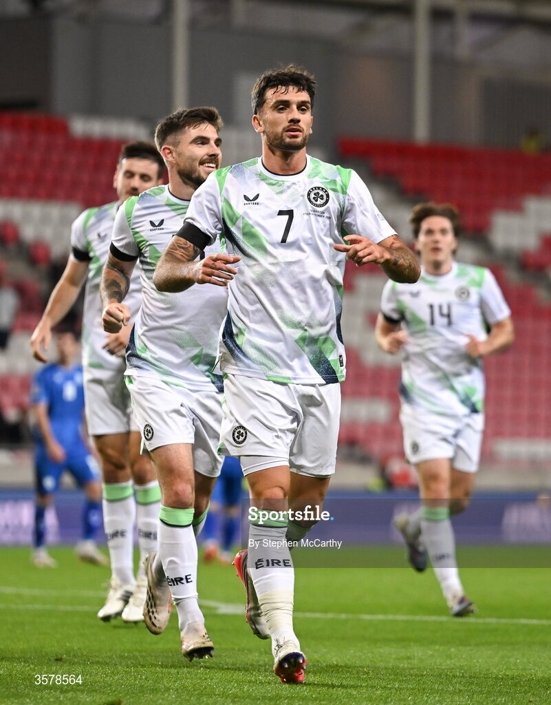 27 September 2026; Troy Parrott of Republic of Ireland celebrates after scoring his side's first goal during the UEFA Nations League B match between Israel and the Republic of Ireland at Nagyerdei Stadion in Debrecen, Hungary. Photo by Stephen McCarthy/Sportsfile