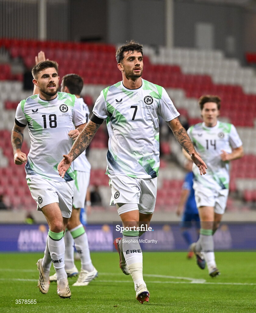 27 September 2026; Troy Parrott of Republic of Ireland celebrates after scoring his side's first goal during the UEFA Nations League B match between Israel and the Republic of Ireland at Nagyerdei Stadion in Debrecen, Hungary. Photo by Stephen McCarthy/Sportsfile