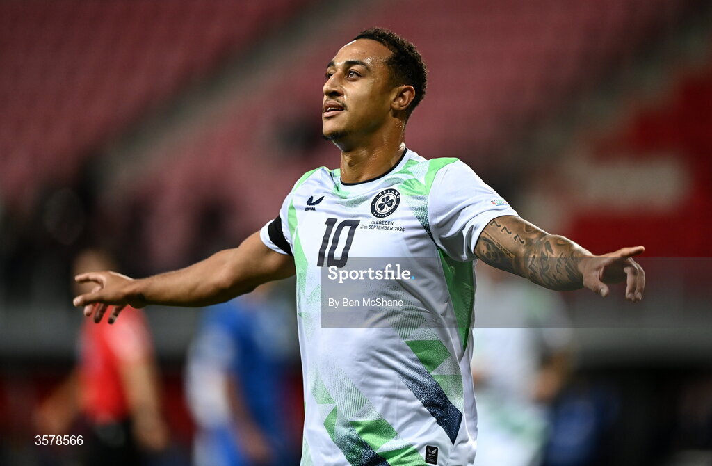 27 September 2026; Adam Idah of Republic of Ireland celebrates after scoring his side's second goal during the UEFA Nations League B match between Israel and the Republic of Ireland at Nagyerdei Stadion in Debrecen, Hungary. Photo by Ben McShane/Sportsfile
