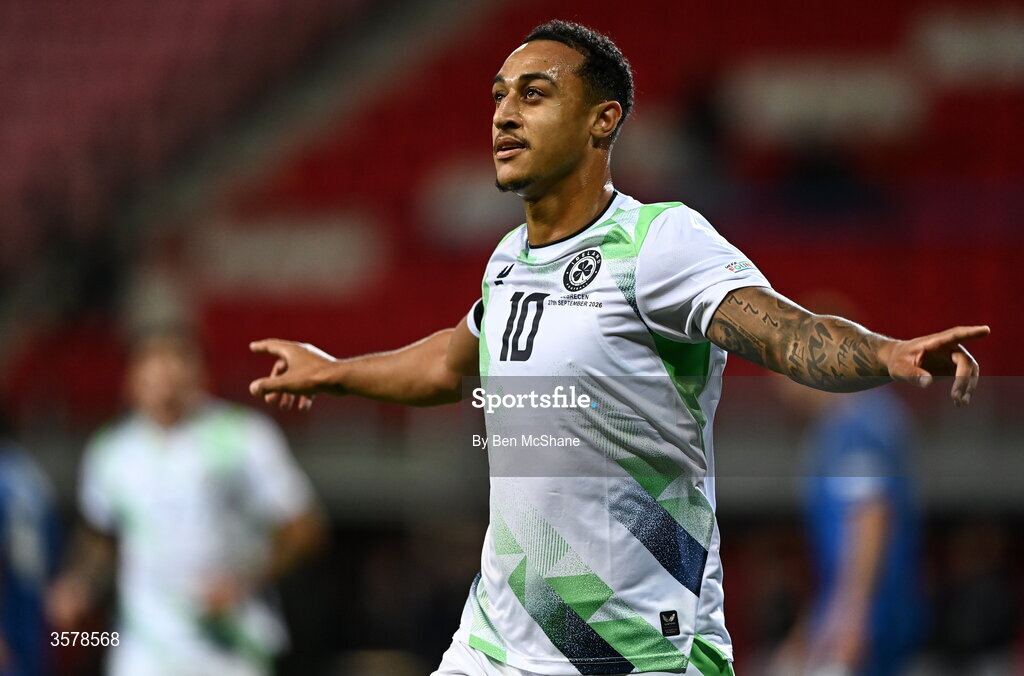 27 September 2026; Adam Idah of Republic of Ireland celebrates after scoring his side's second goal during the UEFA Nations League B match between Israel and the Republic of Ireland at Nagyerdei Stadion in Debrecen, Hungary. Photo by Ben McShane/Sportsfile