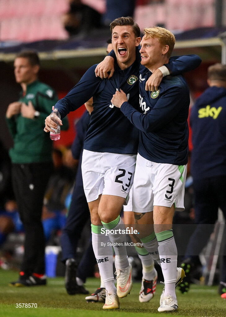 27 September 2026; Jimmy Dunne and Liam Scales of Republic of Ireland celebrate after their side scored a second goal during the UEFA Nations League B match between Israel and the Republic of Ireland at Nagyerdei Stadion in Debrecen, Hungary. Photo by Stephen McCarthy/Sportsfile