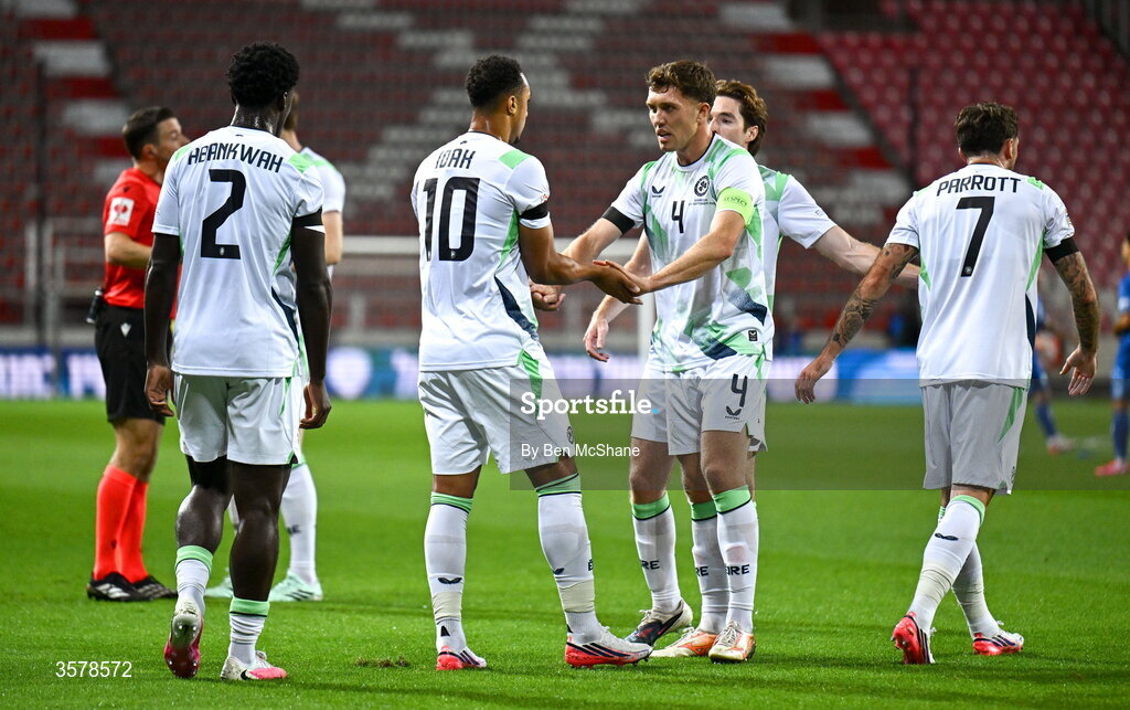 27 September 2026; Adam Idah of Republic of Ireland, 10, celebrates with teammate Dara O'Shea after scoring their side's swcond goal during the UEFA Nations League B match between Israel and the Republic of Ireland at Nagyerdei Stadion in Debrecen, Hungary. Photo by Ben McShane/Sportsfile